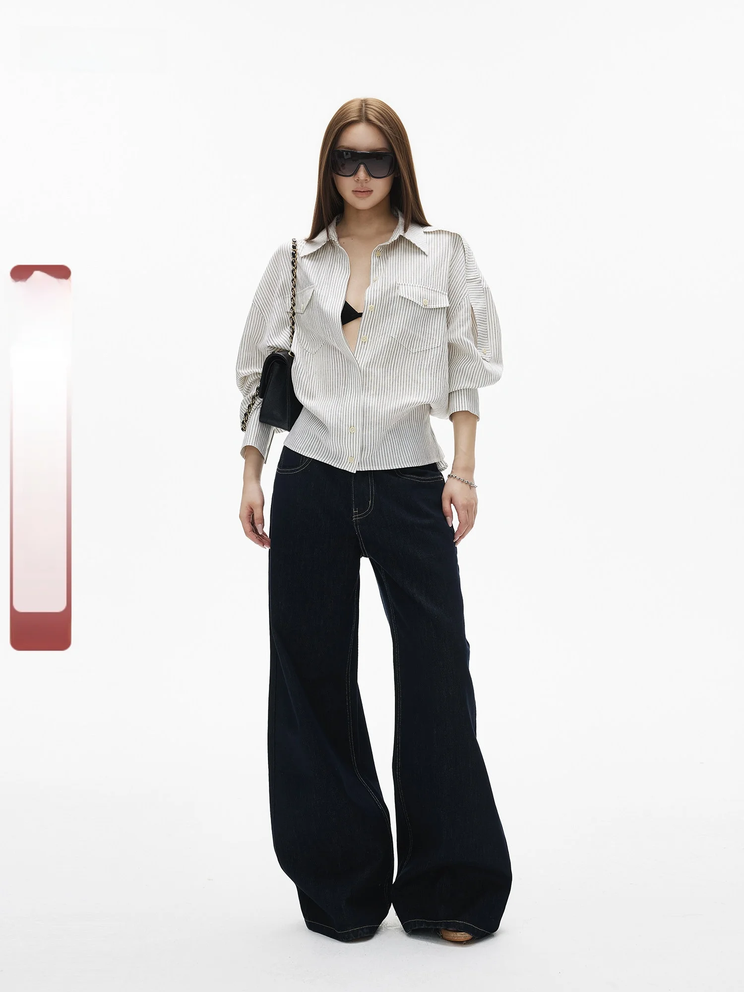 

Laisela Linen Loose Shirt with Adjustable Waist Strap And Long Shoulder Strap White Base Thin Stripe Pattern Casual Style Wom...