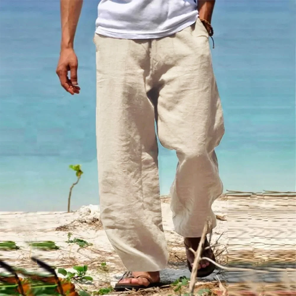 Men's Cotton Linen Pants Straight Leg Breathable Lightweight Vacation Beach Style Cozy Trousers Casual Spring Autumn Dailywear
