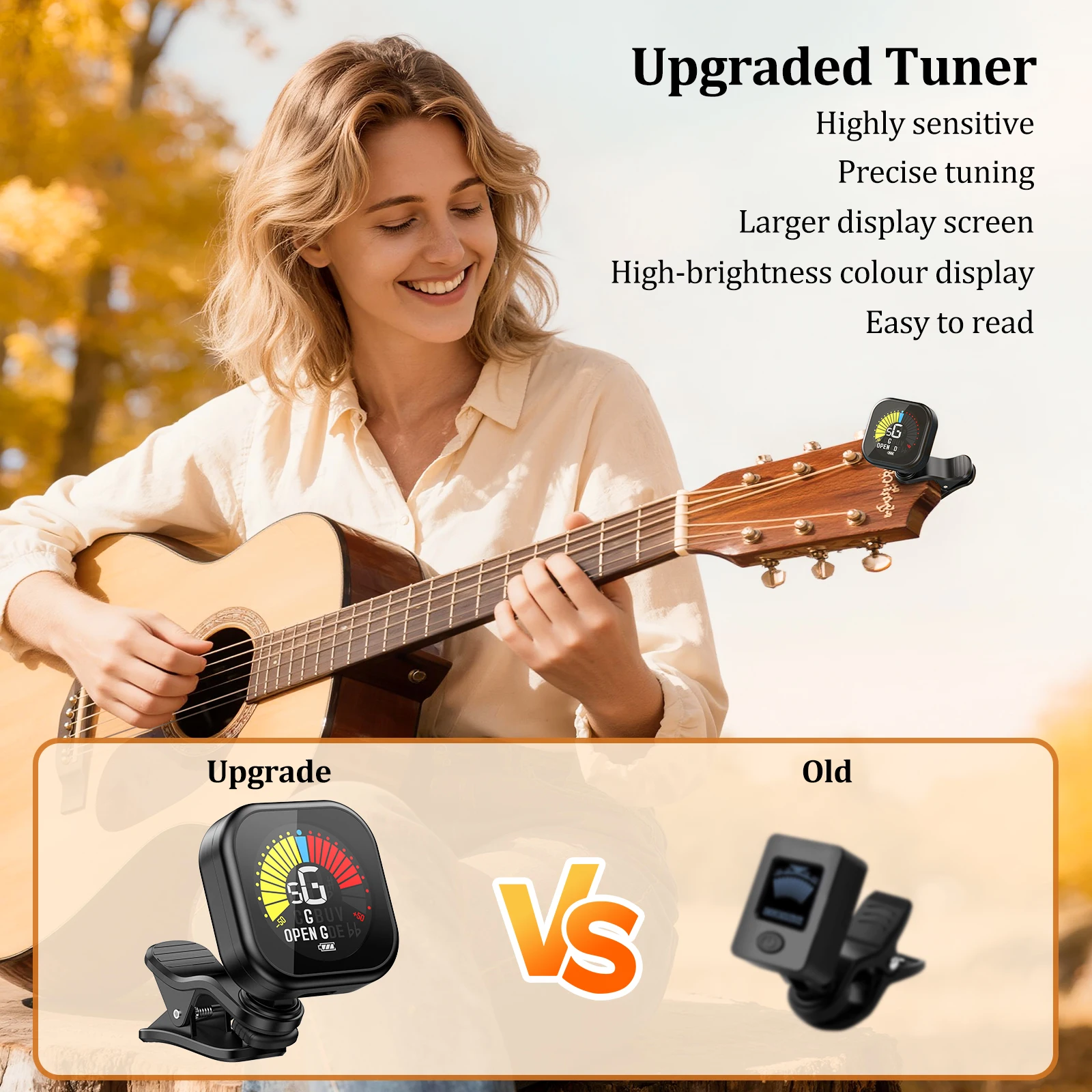 New Bee Guitar Tuner Clip-On Color Screen 360° Rotatable Acoustic Chromatic Open Tuning for Guitar Bass Ukulel Violin Cello