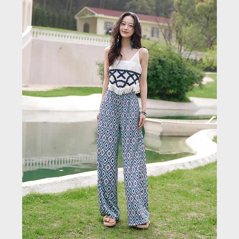 

High Waist Floral Print Ice Silk Wide Leg Pants Women's Vacation Style Beach Holiday Long Trousers Ethnic Fashion