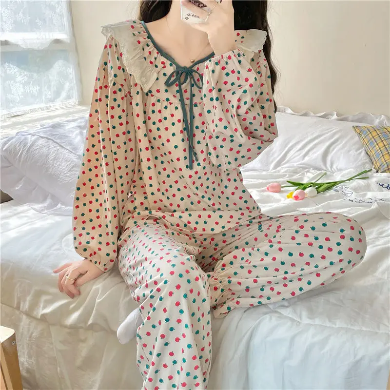 Sleepwear Women's Clothing Suits Spring Thin New Home Simple Comfortable Leisure Slim Loose Fit Premium Breathable Sweet Cute