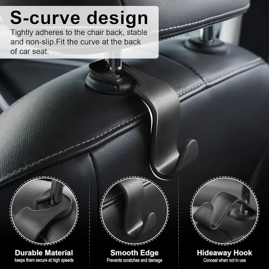 4 Car Hooks for Headrest - Keep Car Tidy, Hold Purses & Bags, Perfect for Family Travel & Daily Commute