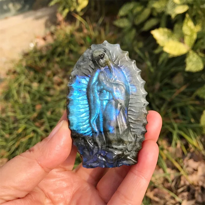 Natural Labradorite Crystal Handmade Madonna Carved Statue for Home Decoration Gift Sculpture Decorate Gift 1PCS