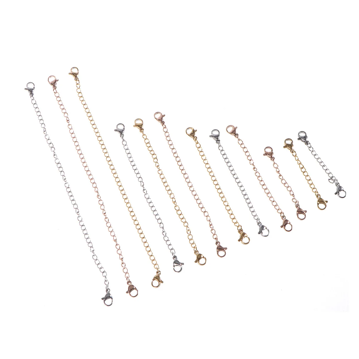 

12pcs Extender Chain Necklace Bracelet 50mm 75mm 100mm 150mm Silver Lobster Clasp Set Stainless Steel Jewelry Supplies