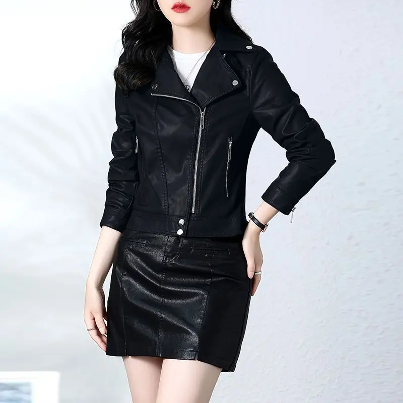 2026 New  Women's Fashion Soft Leather Jacket Spring autumn Short Motorcycle Leather Lapel Jacket Slim Casual Coat Female