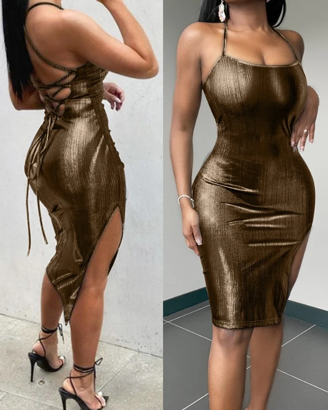 

Elegant Evening Party Dresses for Women Sexy Backless Slit Metallic Bodycon Dress New Fashion 2023 Casual