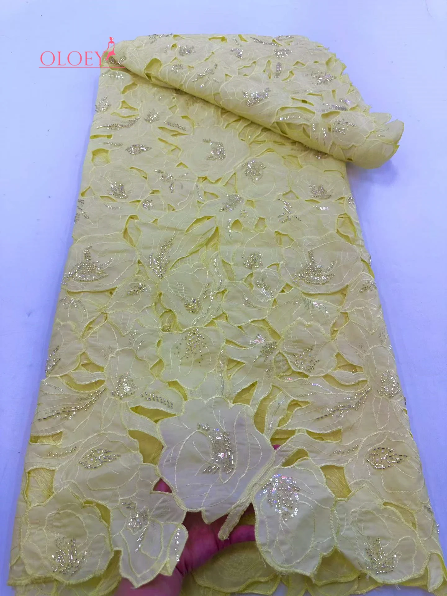 OLOEY African Nigerian High-Quality Embroidery Tulle Lace Fabric Guipure Water-Soluble Sequins for Wedding Party Dresses Sewing