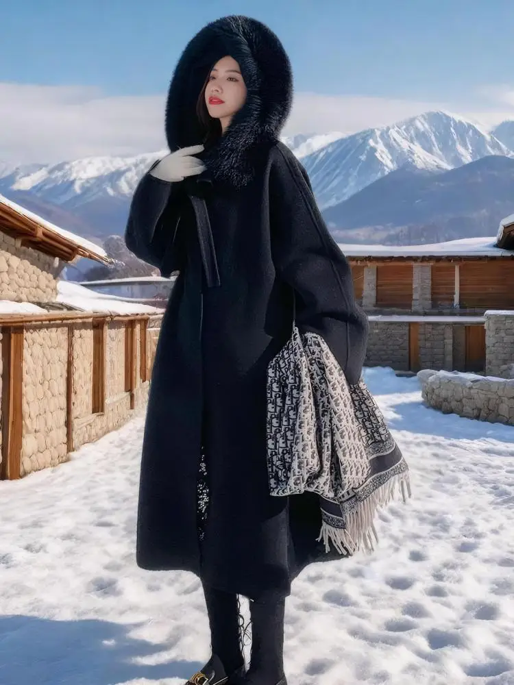 

Винтаж, новинка 2025, осень-зима, красное элегантное универсальное пальто-кардиган с длинными рукавами, женское черное свободное пальто с волосатым капюшоном на шнуровке