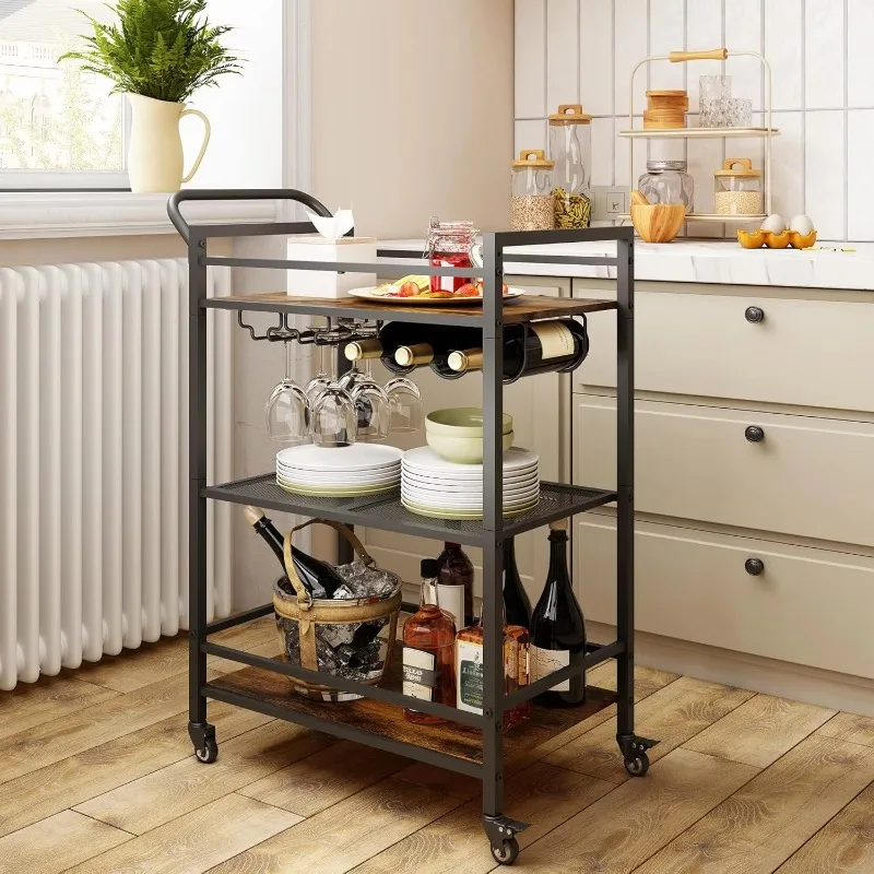 3-Tier Industrial Iron & Wood Mobile Bar Serving Cart with Wine Rack and Glass Holder Custom Color