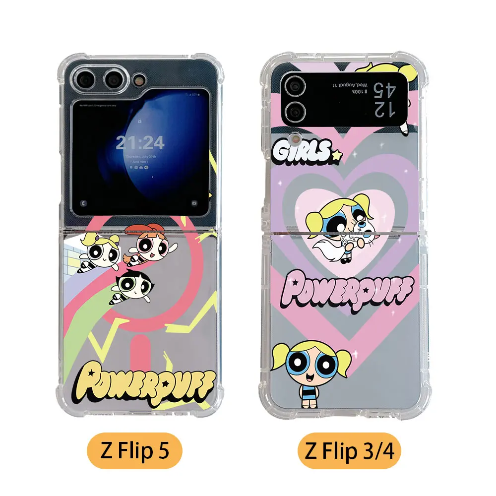 Cartoon The P-Powerpuffs Girls Phone Case for Samsung Galaxy Z Flip 3 4 Z Flip 5 6 Z Fold 4 5G PC Soft Anti-fall Back Cover