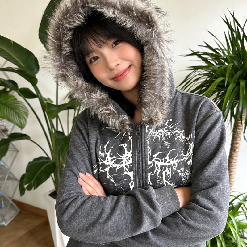 

Casual Daily Streetwear Y2K Fashion 2026 Unisex Dark Gray Zip Up Hoodie with Gothic Tribal Print, Faux Fur Trim Hood Streetwear