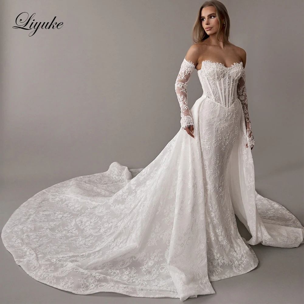 Liyuke Custom Made Beaded Pearls Mermaid Wedding Dresses Robe De Marriage Removable Sleeves 2 In 1 Lace Trumpet Bridal Gowns