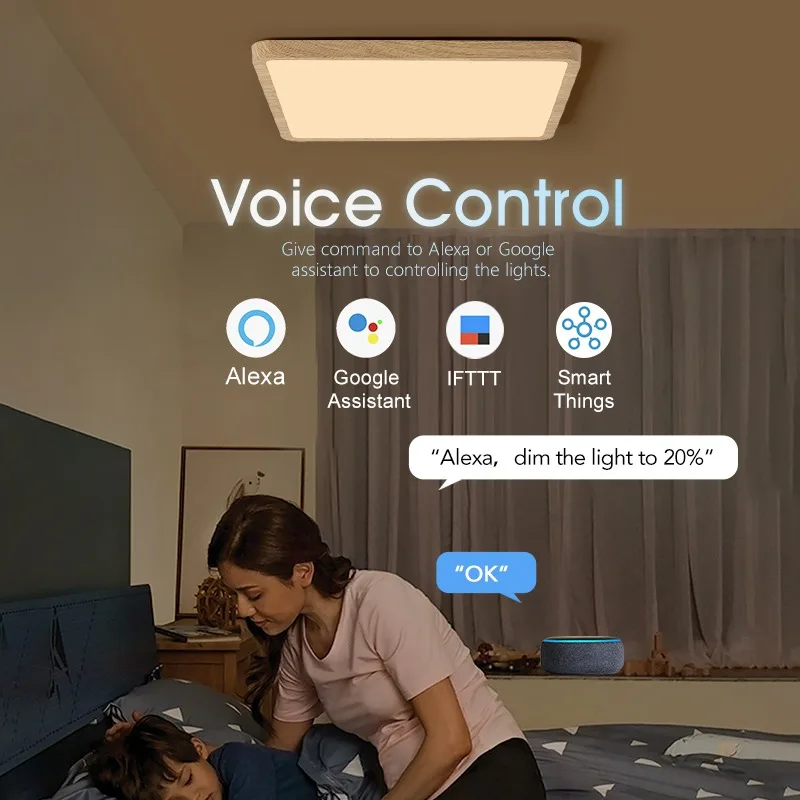 Tuya WiFi Smart LED Lâmpada Do Teto, App, Controle Remoto, Grão De Madeira, Controle De Voz, Alexa, Lustre Regulável, Luzes Para Sala De Estar