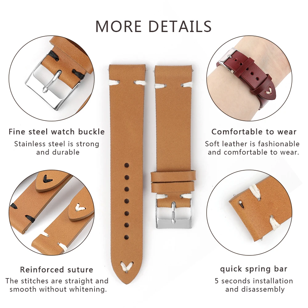 Vintage Genuine Leather Watchband 17mm 18mm 20mm 21mm 22mm Oil Wax Cow Leather Handmade Stitching Watch Strap Replacement Belts