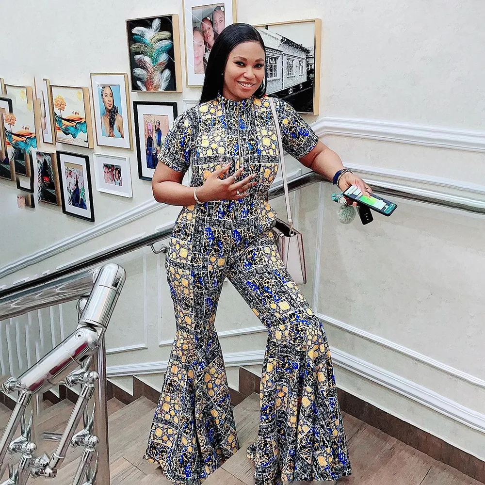 Tuta da mamma africana da donna russa europea e americana tuta a gamba larga con cerniera di qualità stampata elastica