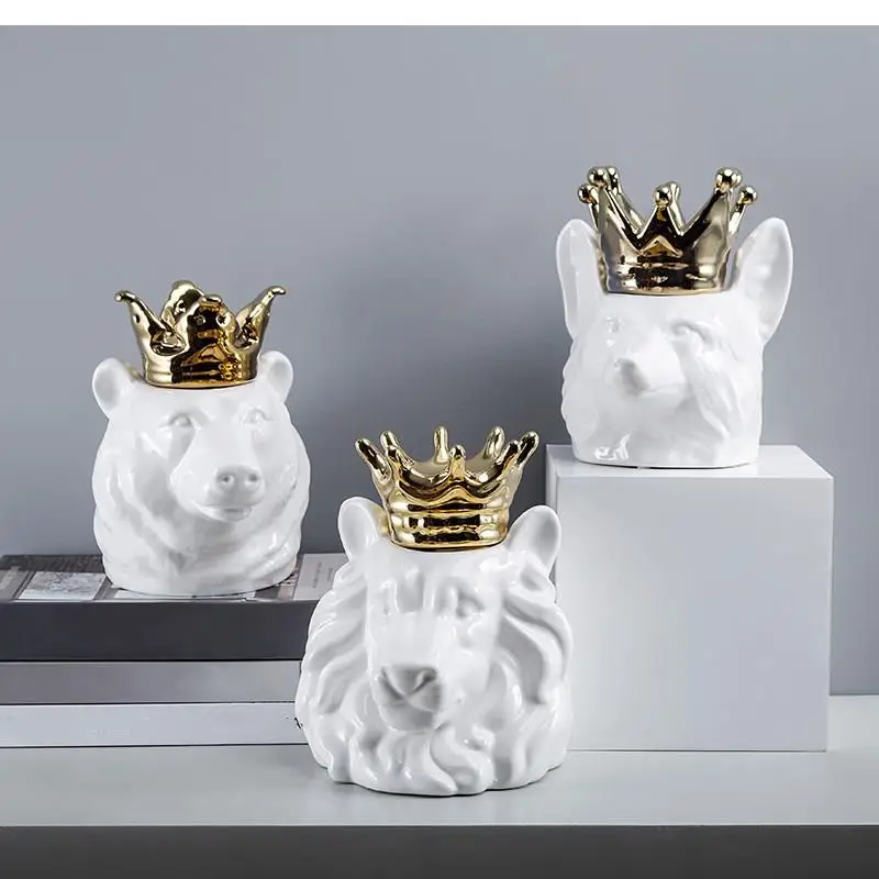 

Golden Crown White Ceramic with Lid Storage Candy Jar Desktop Decoration Animals Nordic Home