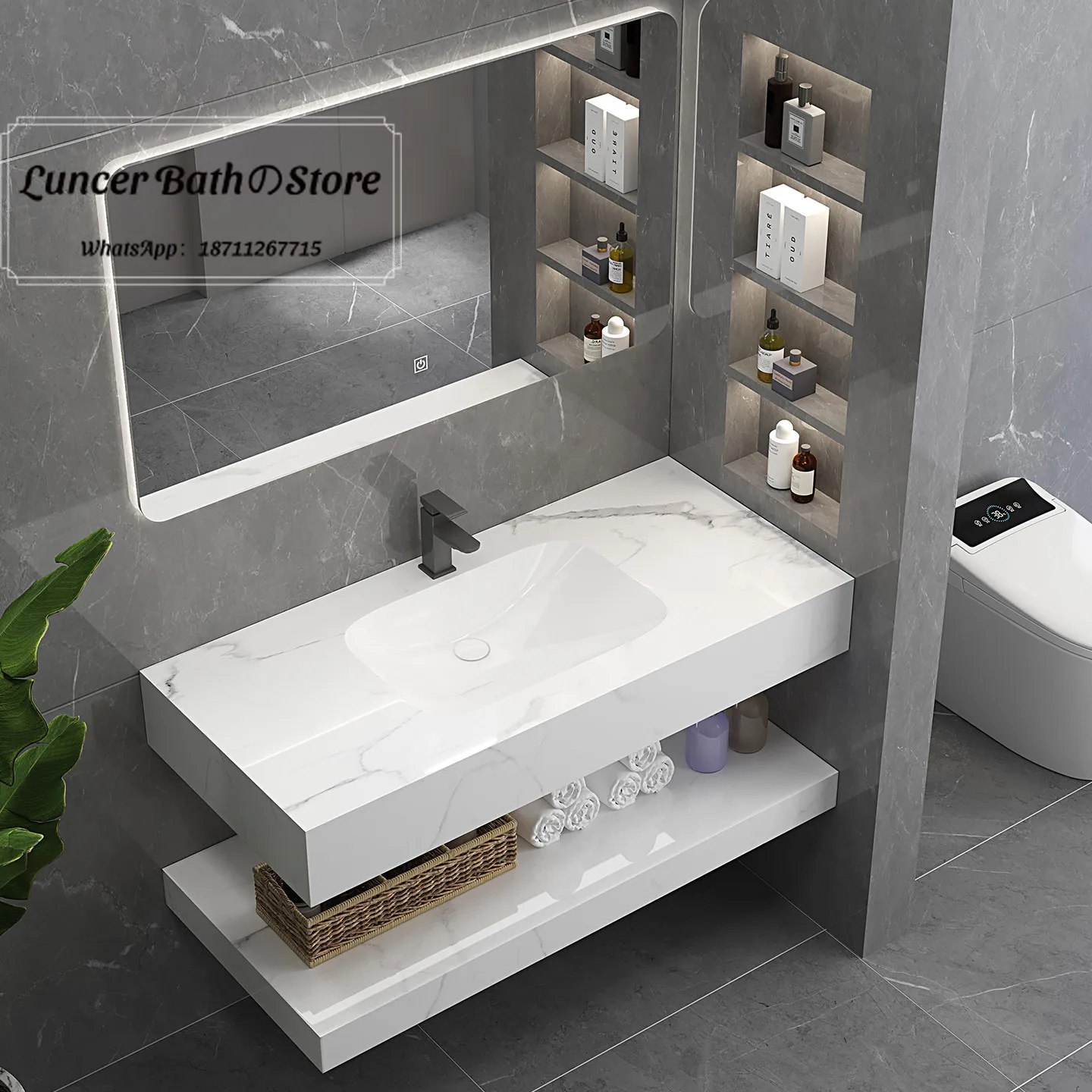 Seamless Integrated Basin Ceramic Glossy Sintered Stone Hand Wash Sink, Hotel Vanity, Minimalist Bathroom Cabinet Set