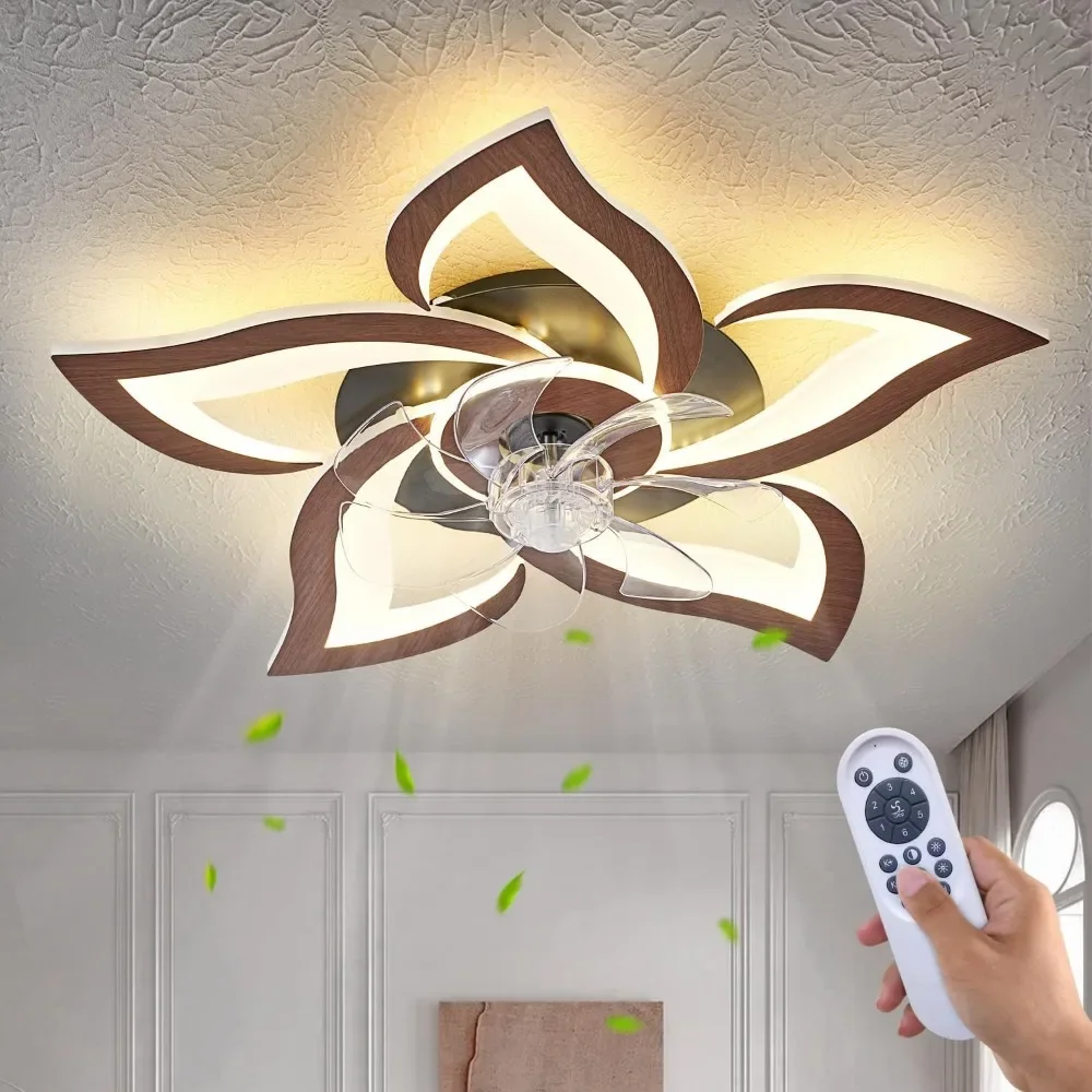 Dalouguan Ceiling Fan with Lights Remote Control, Wooden Geometric Ceiling Fan with Light, 3 Light Color 6 Speeds Low Profile