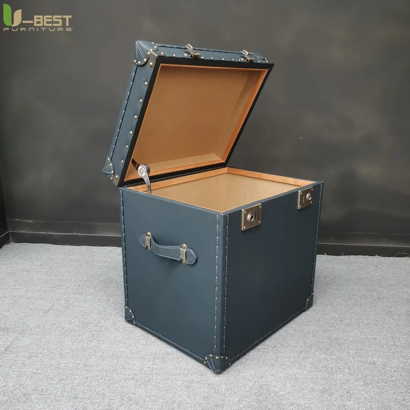 U-best Vintage Leather Nightstand Table Drawers Bedside Trunk Cabinet American Vintage Leather Storage Trunk Steamer Side Table