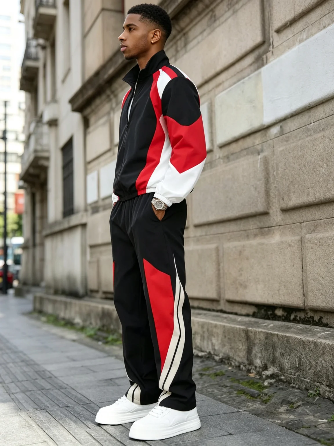 Men's Jacket Suit Color-Blocked Multi-Color Stand Collar Short Jacket Top with Long Pants, School Uniform, Team Outfit, Sports C