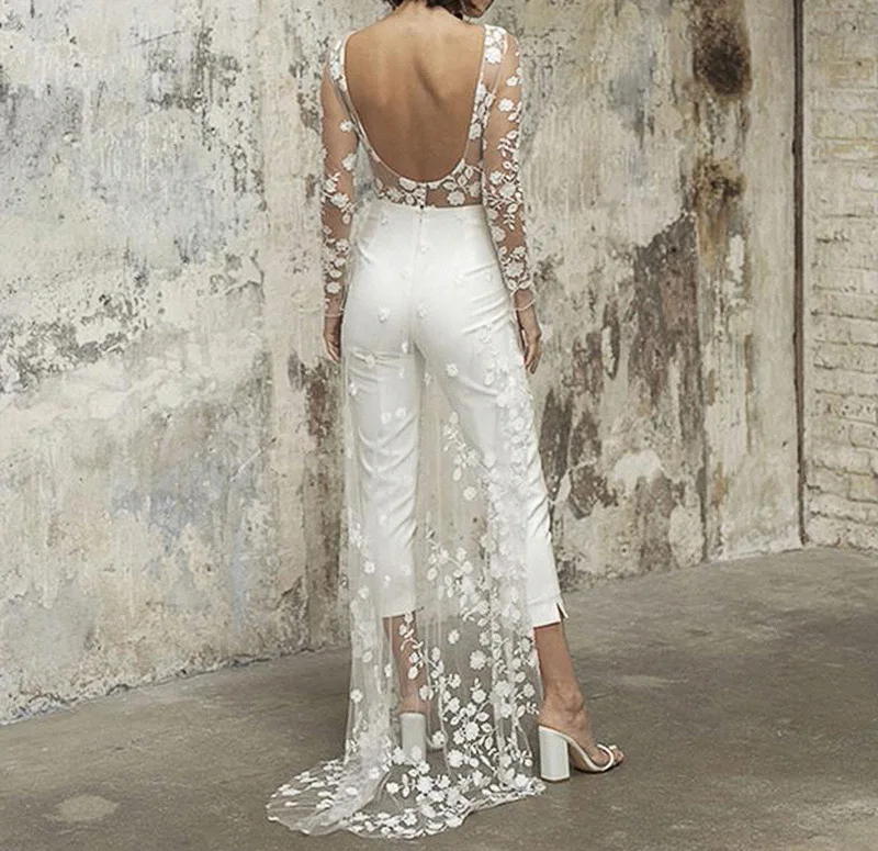 2023 New lace jumpsuit net gauze false two pieces Evening Dress white