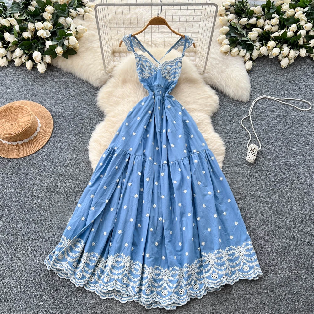 Chic stampa vintage dolce ricamato sottile elegante fata moda coreana Boho vestito estivo abbigliamento donna Abito lungo