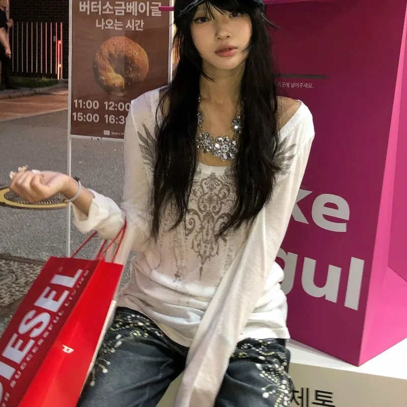 

Harajuku винтажные повседневные футболки с длинными рукавами и принтом, летний новый ленивый топ для женщин, белое тонкое свободное солнцезащитное пальто