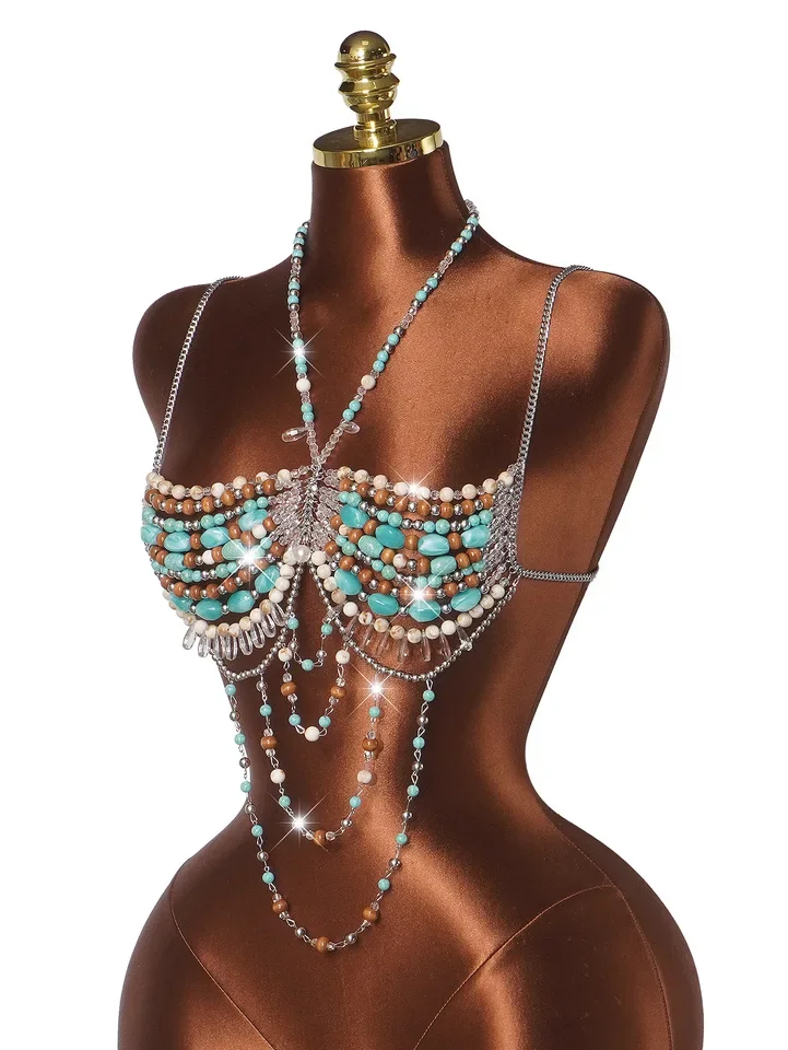 Summer European And American Top, Colorful Pearl Small Vest, Sexy Hollow-Out Multicolored Pearl Bustier