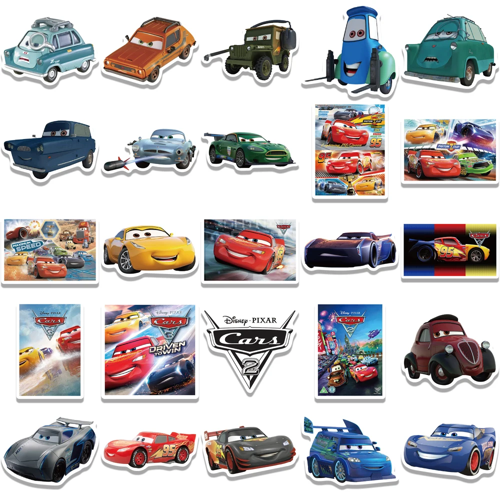 Disney pixar adesivos, carros, relâmpago mcqueen, desenhos animados, à prova d'água, para laptop, skate, carro, telefone, decalque, brinquedo das crianças, 10/30/50pcs