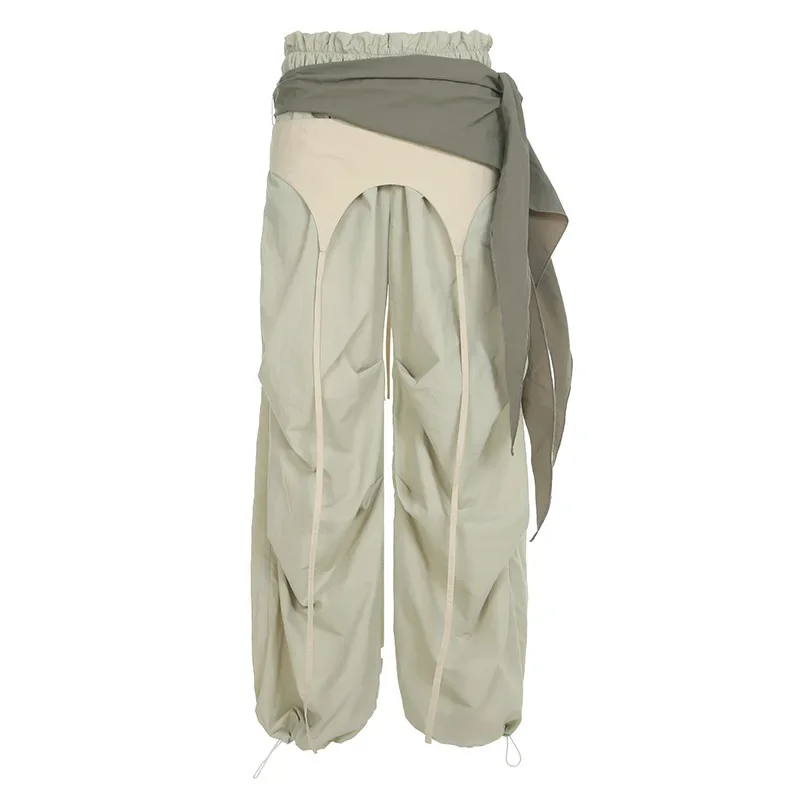 FDEY Vintage Bandage Mid-Waisted Wide Leg Pants Women 2025 Casual Loose Cargo Pants Autumn Spring Fashion Streetwear Ladies