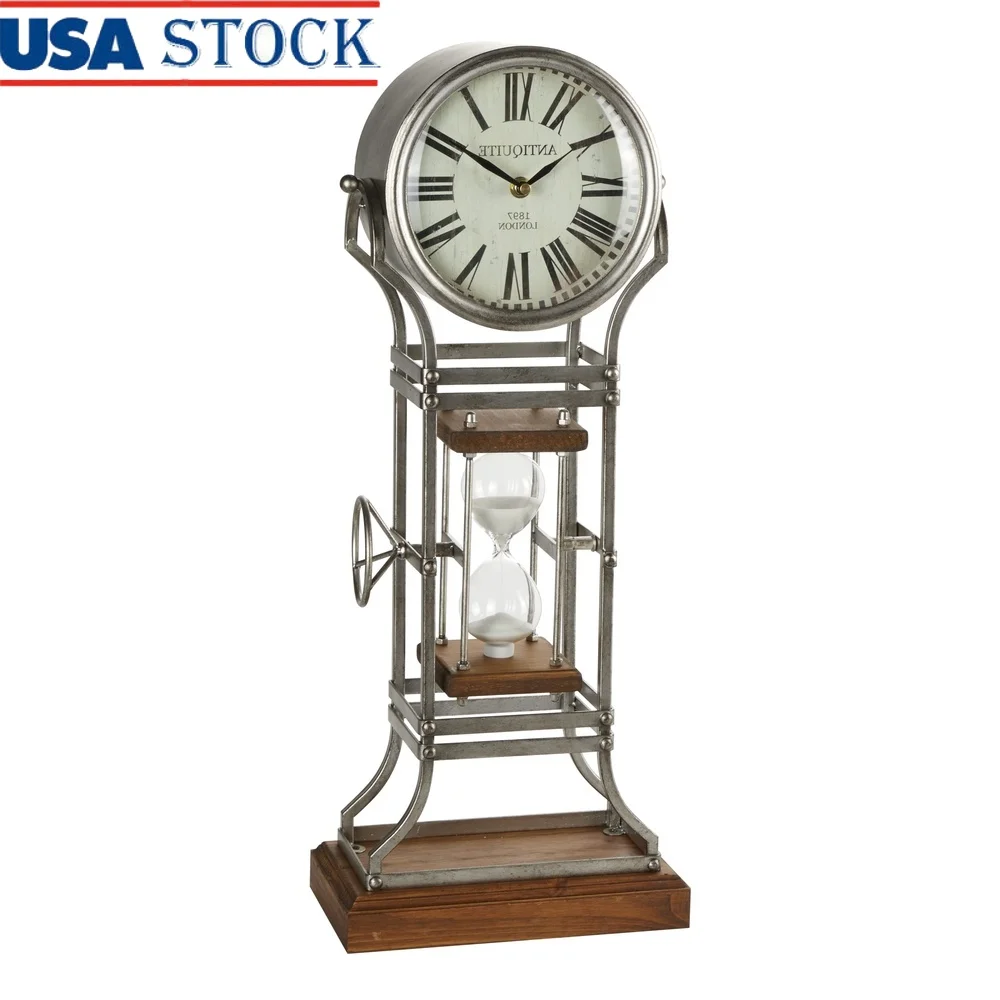 

Gray Metal Hour Glass Clock with Wood Base Rustic Timer Silent Mechanism Roman Numerals Indoor Home Decoration Gift