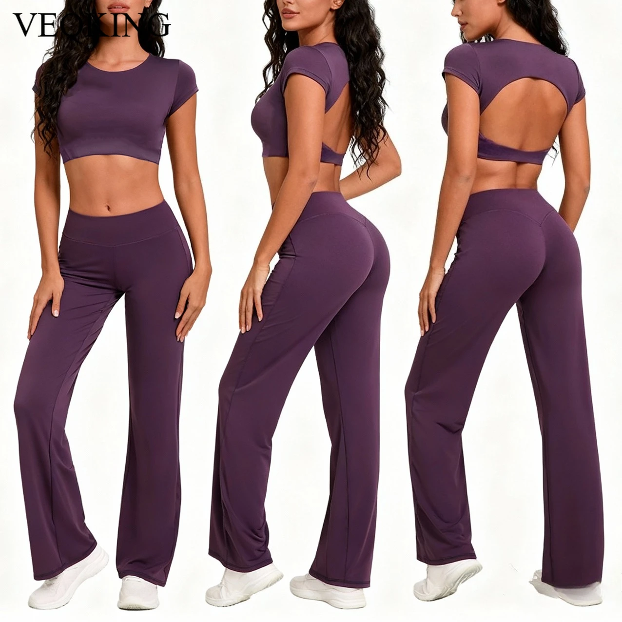 

VEQKING 2 шт. женские штаны для йоги, комплект Strait-leg, мягкая активная одежда, укороченные топы для спортзала с открытой спиной, без подушечек, быстросохнущая одежда для тренировок для бега