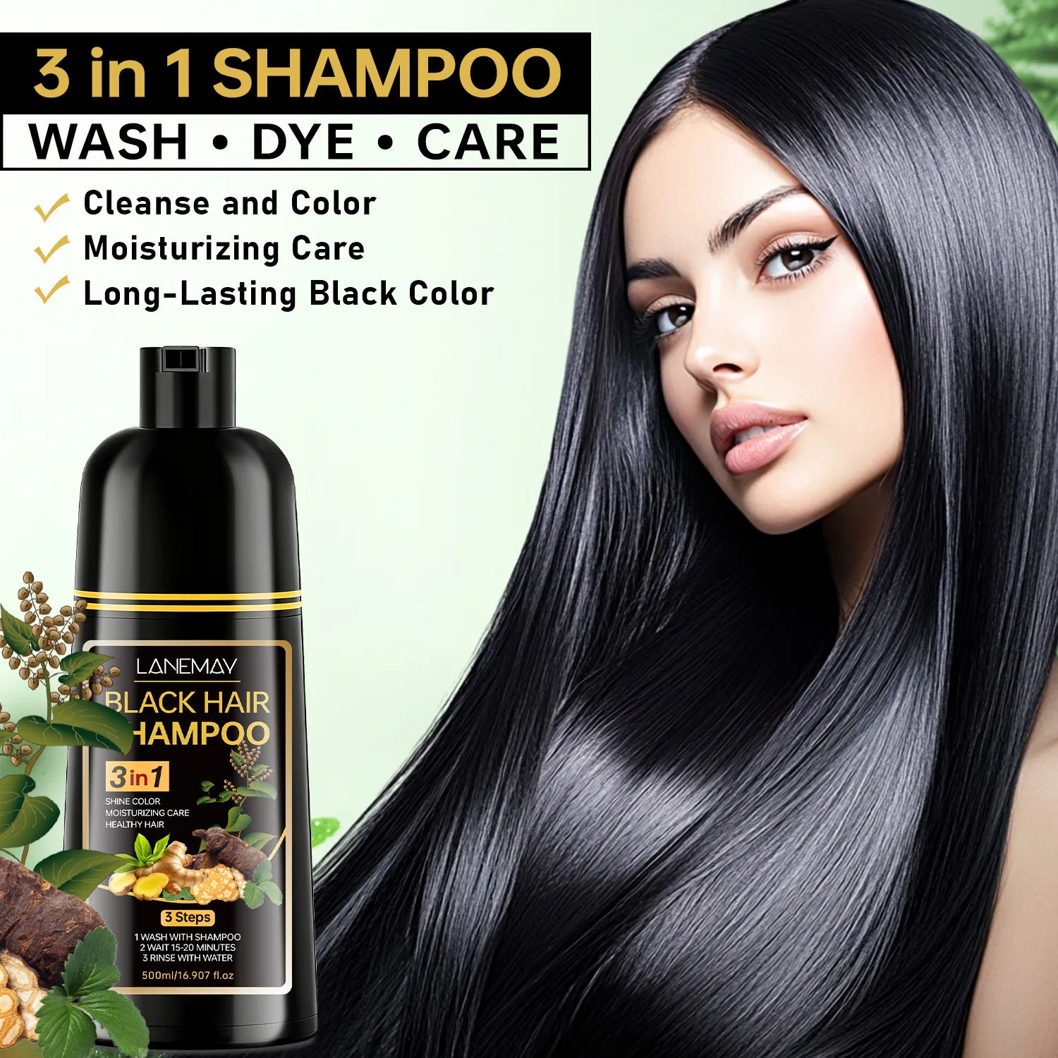 

Шампунь для черных волос «три в одном» с Polygonum multiflorum и имбирем для очищения, контроля жирности и длительного черного цвета.