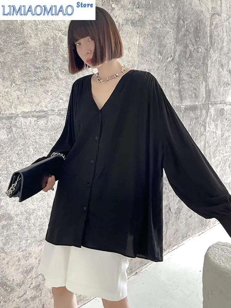 New Women Black Elegant Big Size Casual Blouse V-neck Long Sleeve Loose Fit Shirt Fashion Tide Spring Autumn