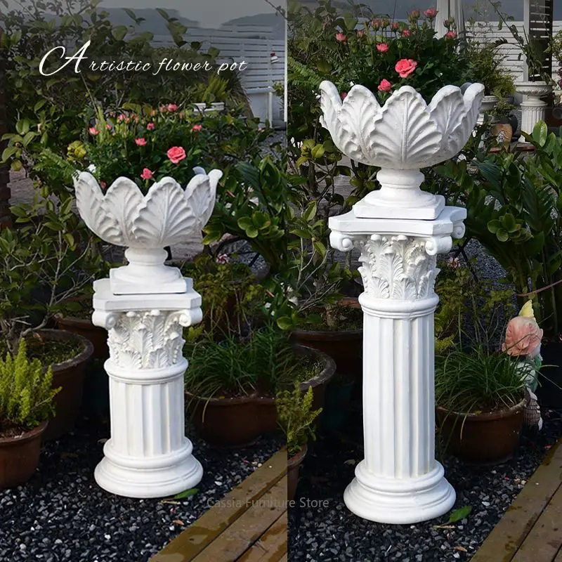 Round Roman Column Planter for Garden, Decorative Pedestal Pot for Villa Balcony, Classic Ornamental Urn for Event Courtyard