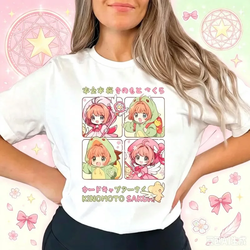 2026 Sommer Sakura Card Captor Shirt Teenager Universitäts-Ästhetik Top T-Shirts Grafik Vintage Hip Hop Streetwear Atmungsaktives Freizeit-Oberteil