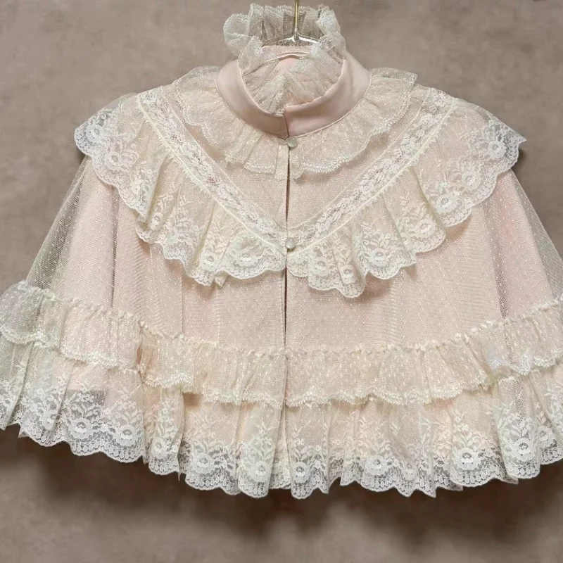 2026 Lolita Lace Embroidery Cloak Blouse Y2k Aesthetic Sweet Bandage Grunge Blusas Ruffled Collar Sleeveless Cropped Women Shirt