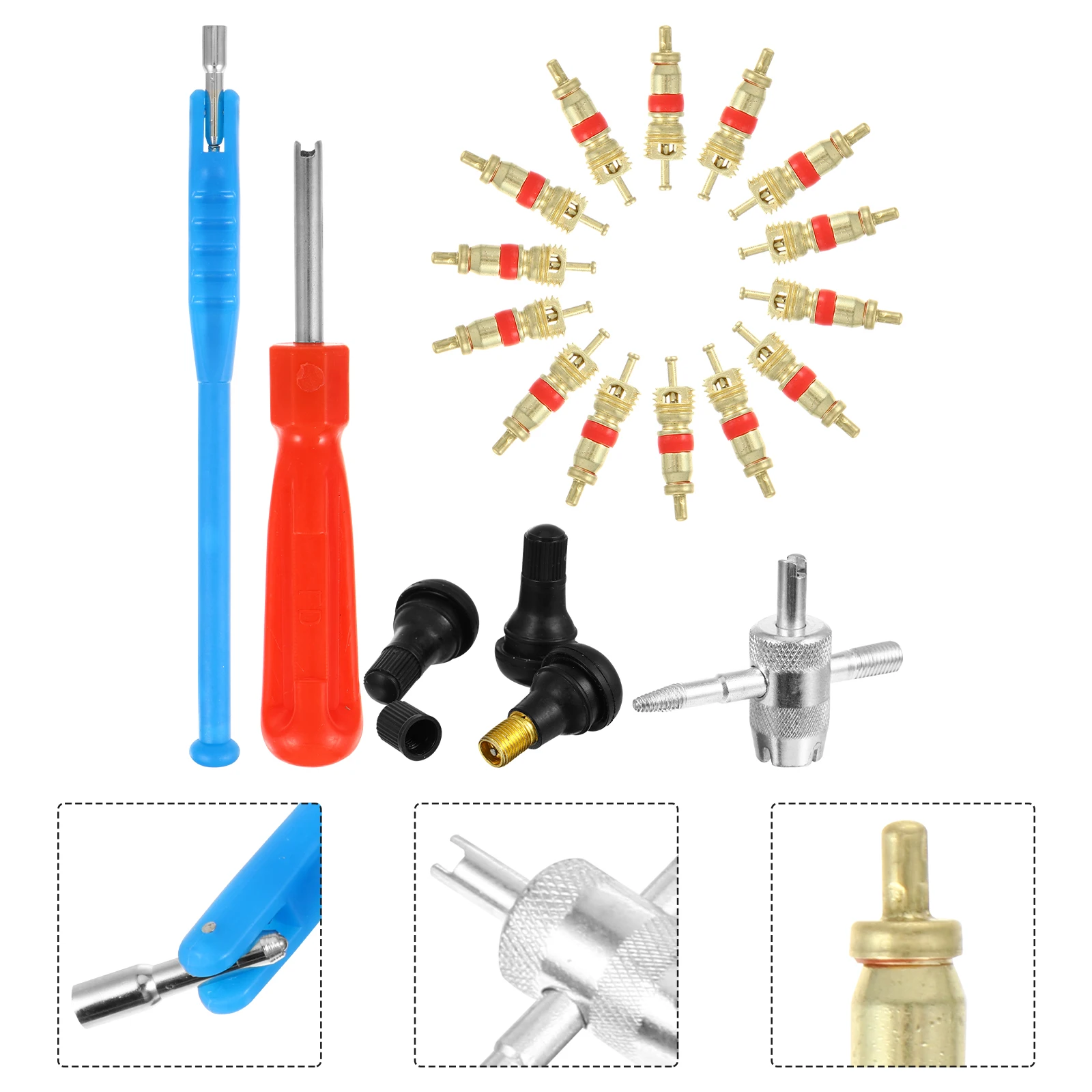 

43pcs Car Tire Valve Stem Kit Puller Remover Repair Installer Core Removal Durable Metal Handle 4 In 1 Valves Core