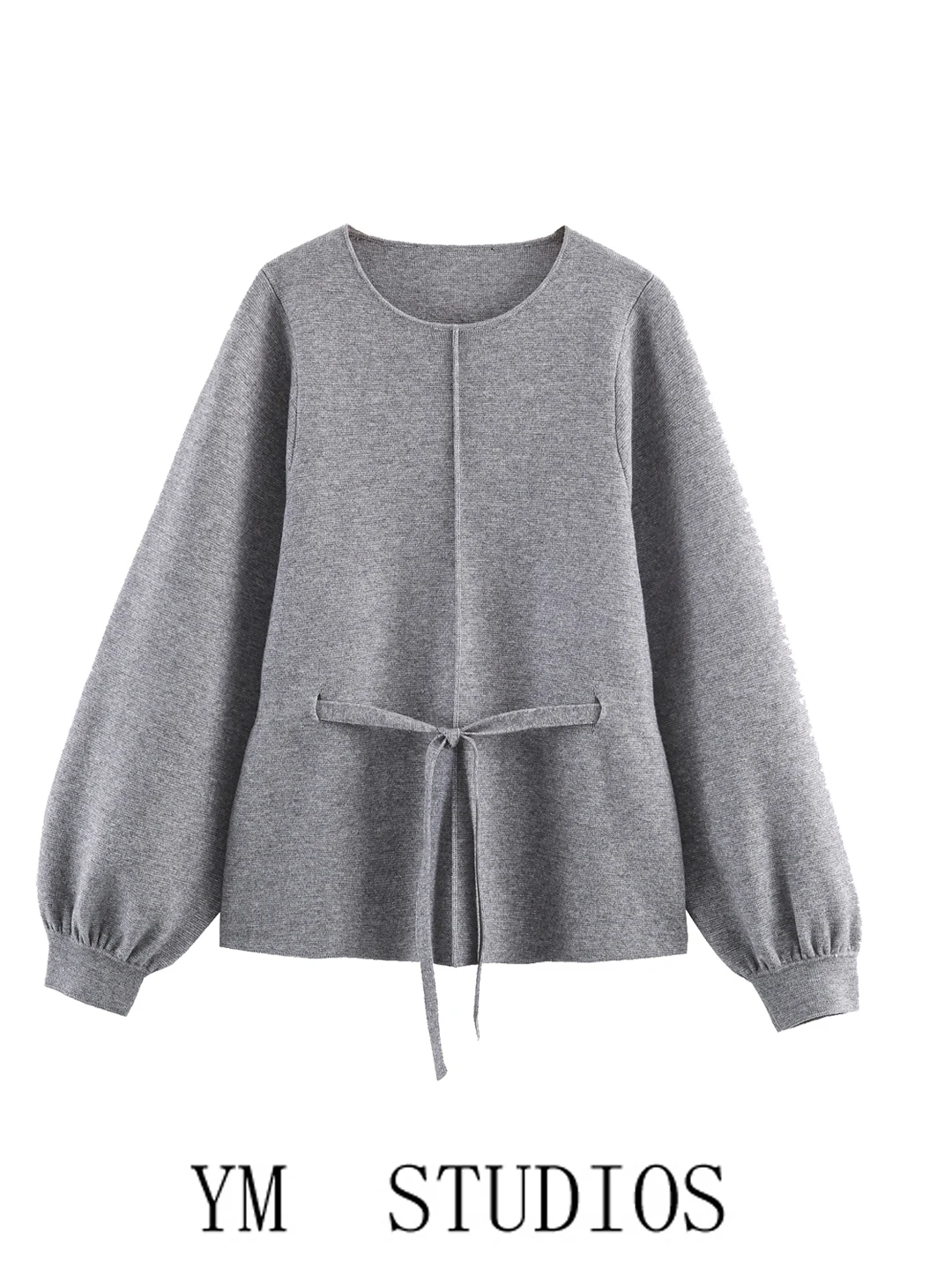Elegant Grey Long Sleeve round Neck Knitted Sweater Women's Casual Loose Fit Large Size Decorative Fashion Autumn Polyester