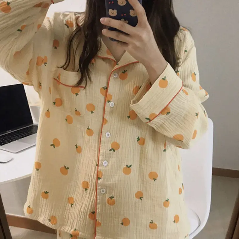 Orange Print Sleepwear Women Pajama Sets Korean Style Summer 2 Pieces Night Wears for Sleeping Student Cute Home Pajamas