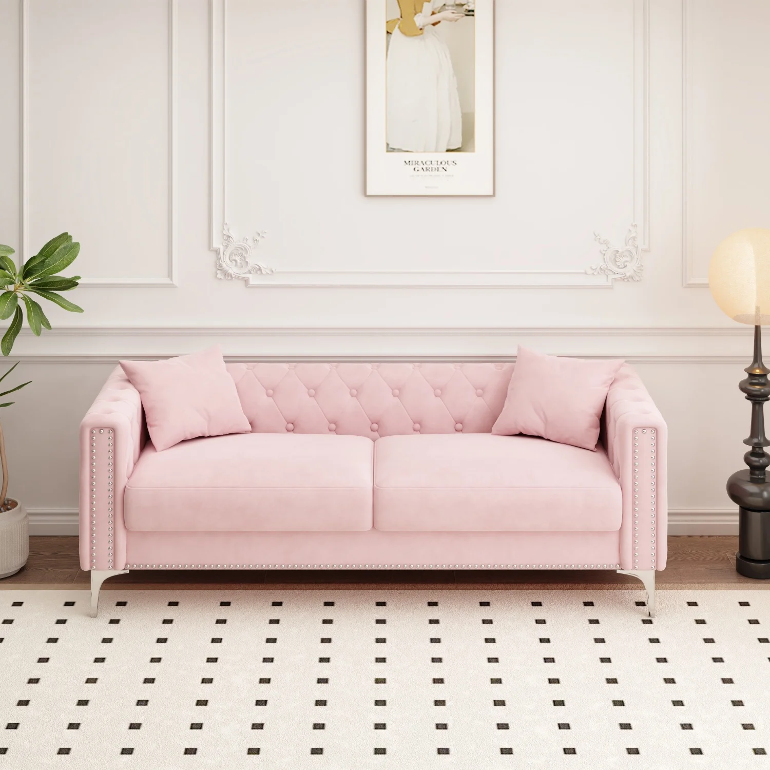 

Sofa includes 2 pillows, 83 "pink velvet triple sofa, suitable for large and small Spaces