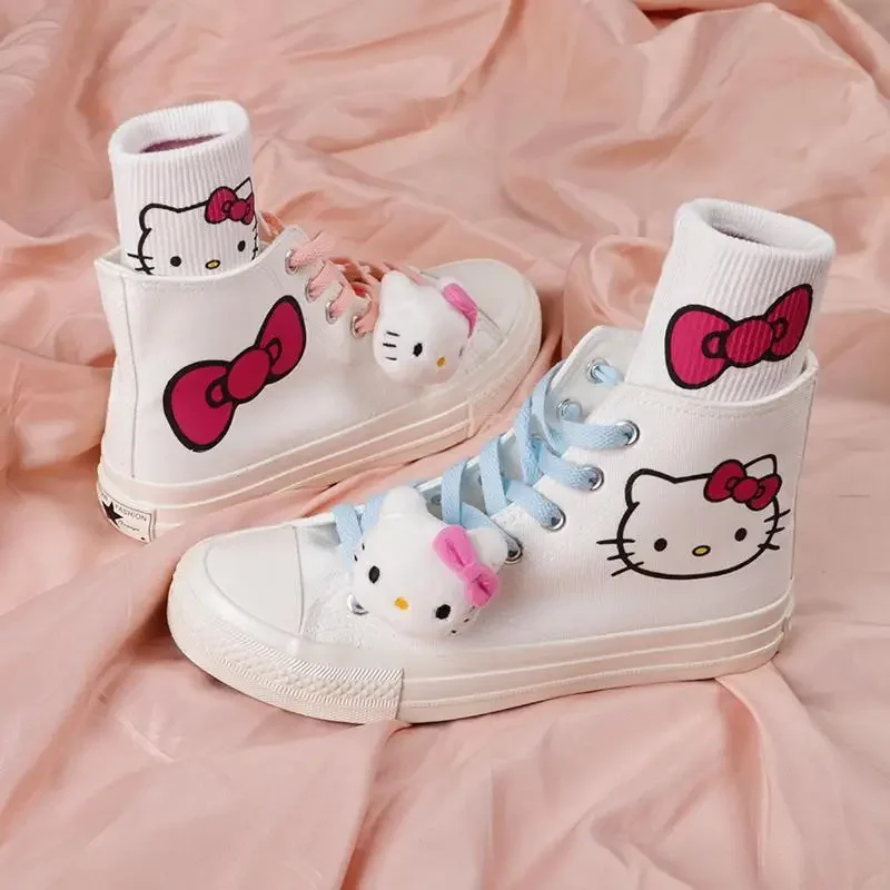 Anime Cartoon Kawaii Hello Kitty Canvas Shoes with Socks and Badge Low and High Top Sneakers for Boys and Girls Studends