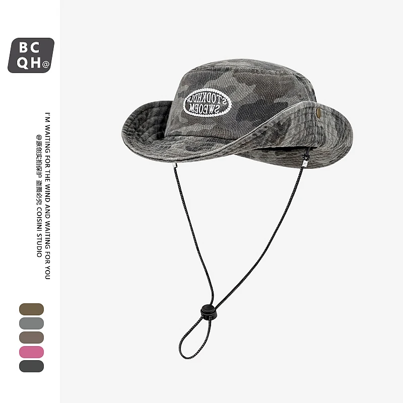 Retro Tooling Style Camouflage Bucket Hats for Men and Women Summer Outdoor Camping Sun Protection Casual Drawstring Hiking Cap