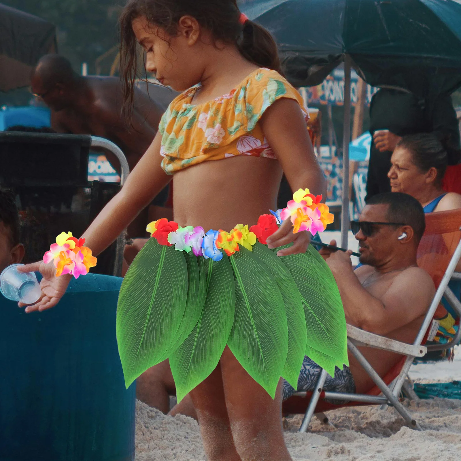 1 مجموعة واقعية نسيج ورقة تنورة هاواي جارلاند سوار عقال لوا حفلة زي الاطفال الصيف مهرجان هاواي جارلاند