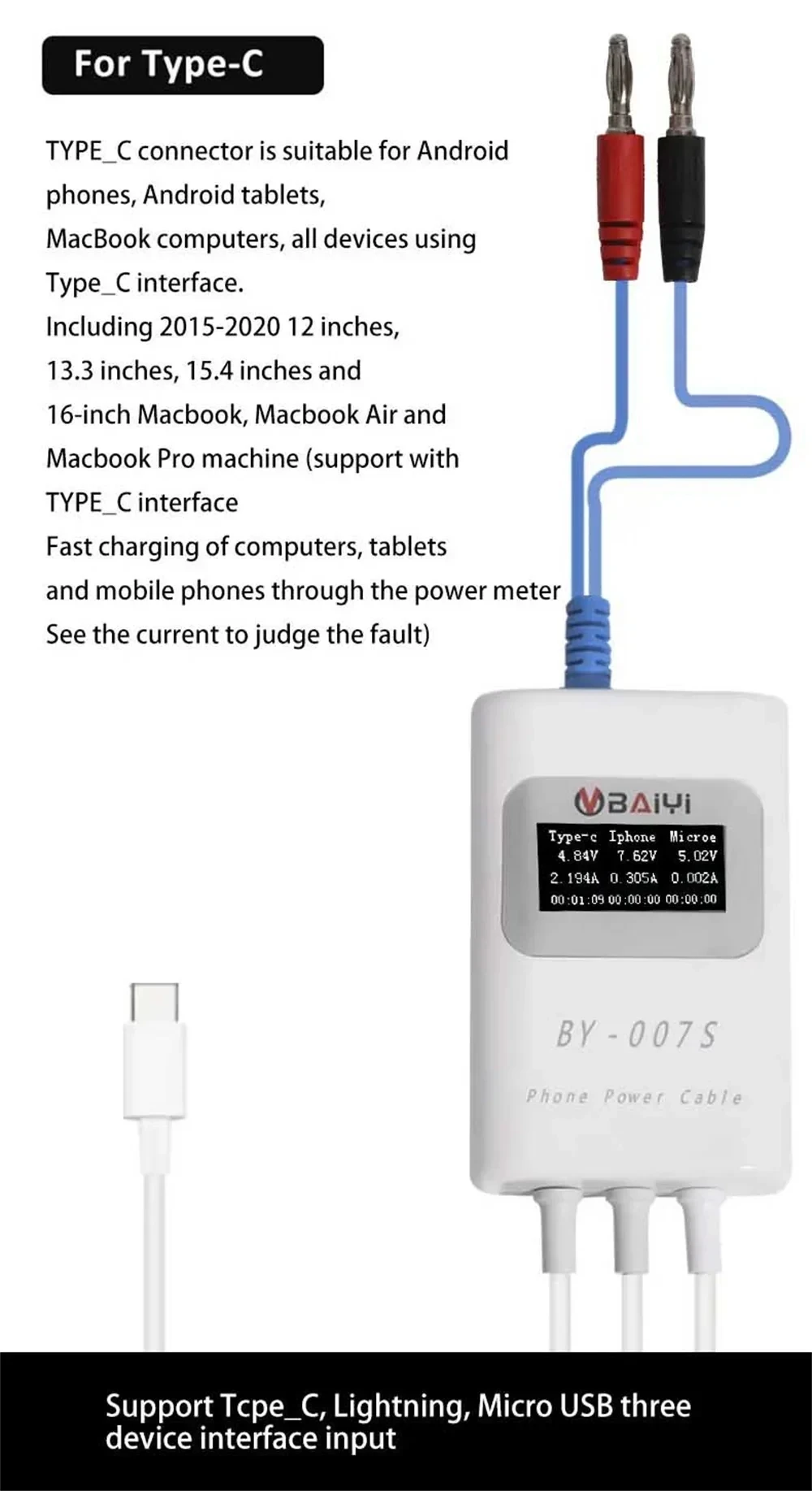 BY-007S Slimme oplaaddetectiekabel Snel opladen Protocollen Snel detecteren Type_C Lightning Micro USB Interface voor drie apparaten