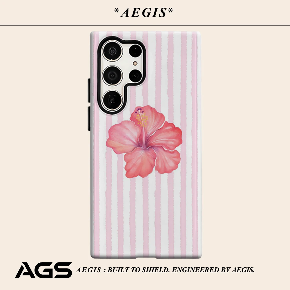 Pink Stripe Hibiscus Phone Case for Samsung Galaxy S25 Ultra S24 S23 Ultra Plus Glossy Double-layer Back Cover