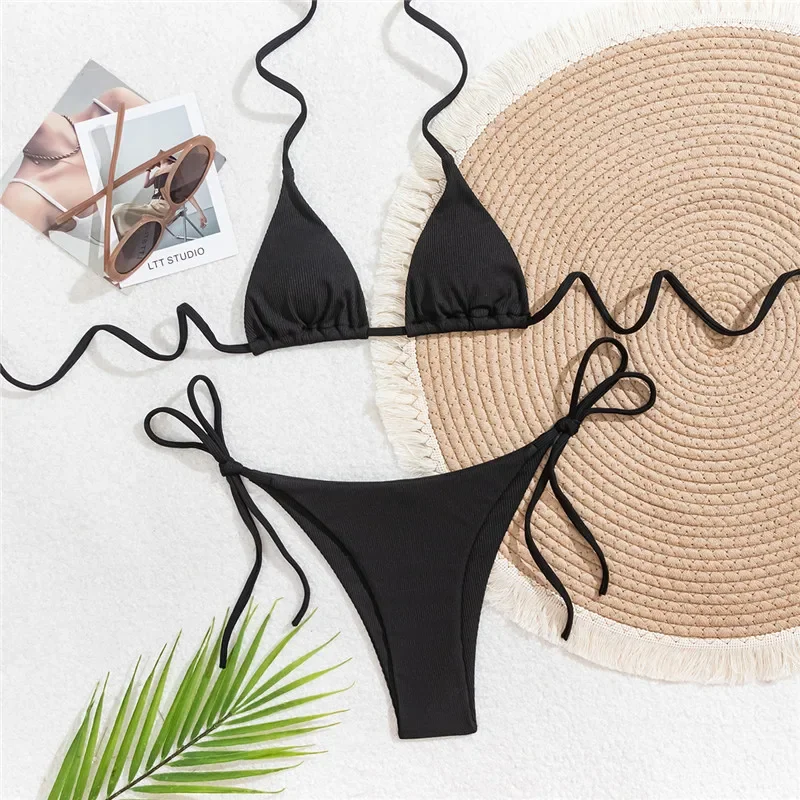 

Black Ribbed Solid Swimwears Mini Micro Thong String Halter Triangle Bikini Sexy Swimsuit Women 2025 Bathing Suit Bikinis Sets