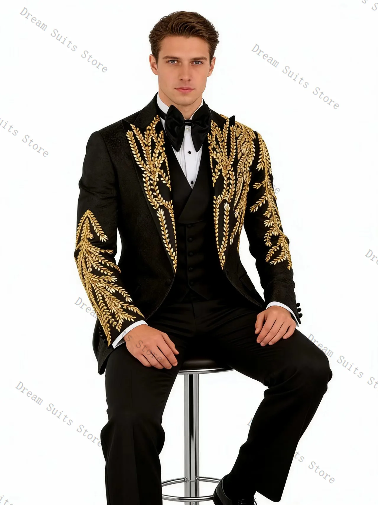 

Crystals Men Suit Set 2 Pcs Black Blazer+Pants Trousers Customized Spring Formal Office Jacket Wedding Tuxedos Prom Coat