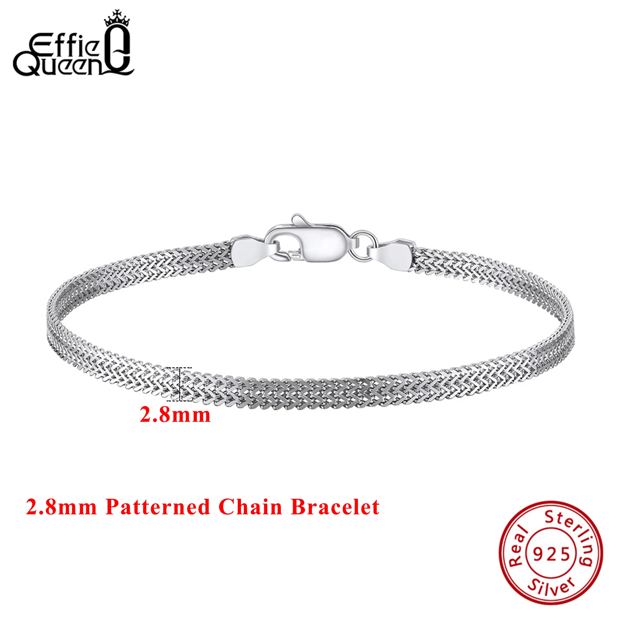 

EFFIE QUEEN Real 925 Silver Rhodium Plated Personalized 2.8mm Flat Mesh Chain Bracelet Various Size Selection Gift For Her SB216