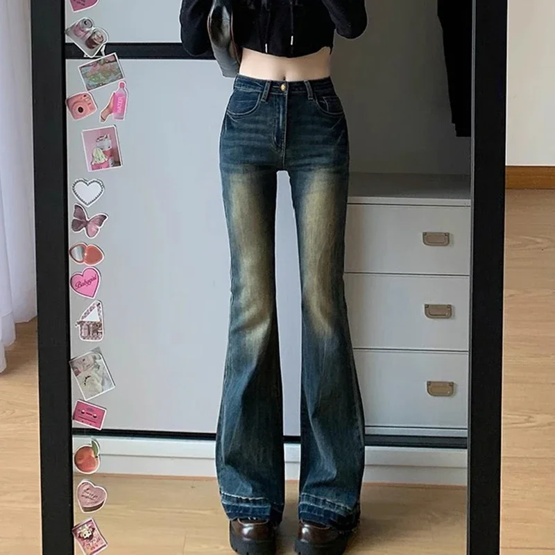 Woman Vintage High Waist Baggy Bell Bottom Jeans Female Fashion Flare Pants Girls Aesthetic Blue Trashy Y2k 2000s Denim Trousers